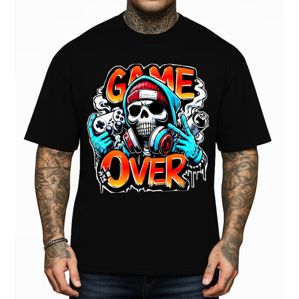 Camiseta Oversized Game Over Camisa Masculina Estampada Gamer Streetwear Algodão Premium Lançamento