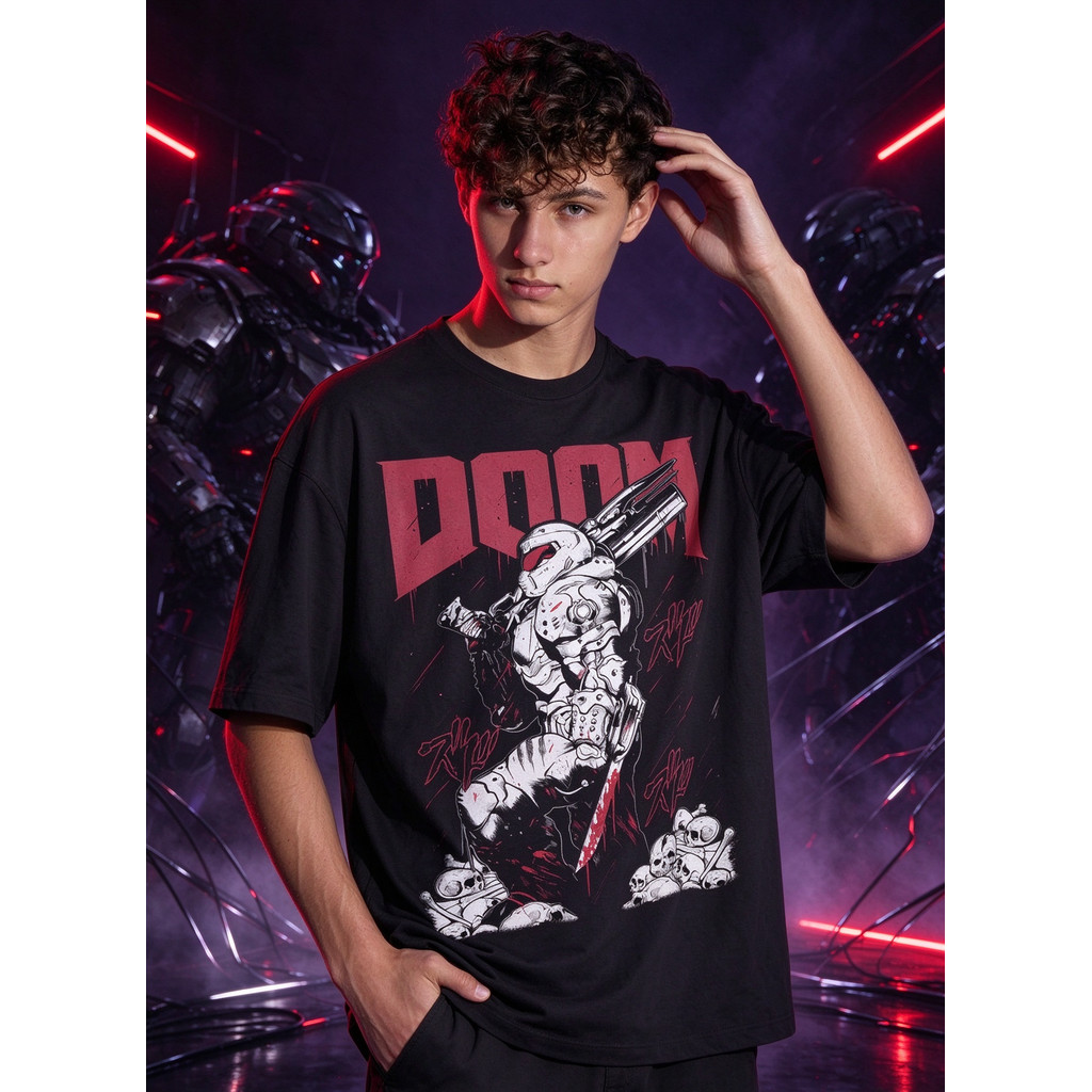 Camiseta Masculina com estampa DOOM e guerreiro espacial armado moderna confortável estilosa oversized gamer