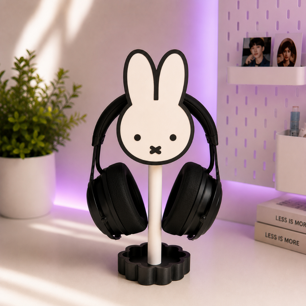 Suporte para Fones de Ouvido e Headset Coelhinho Miffy Preto e Branco Setup Gamer Fofo Kawaii Cute Aesthetic