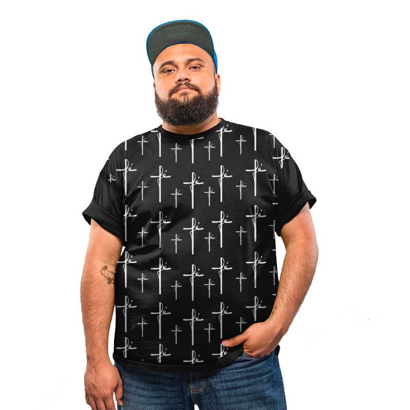 Camiseta Plus Size Fé Jesus Cristo Background Preto G1 A G8