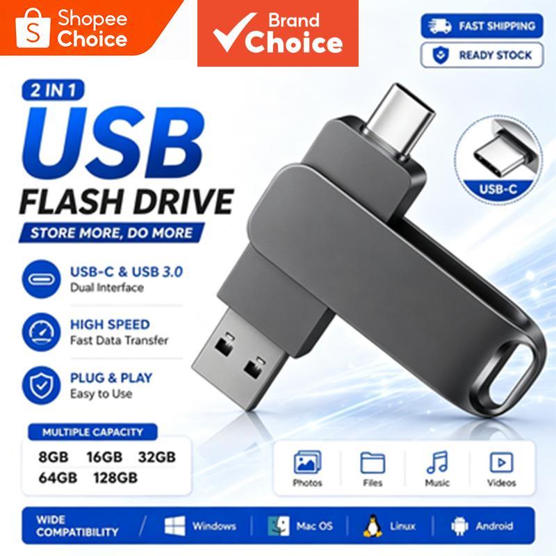 USB 3.0 flash drive de alta velocidade, pen drive USB Tipo-C de uso duplo para celulares e computadores, capacidade