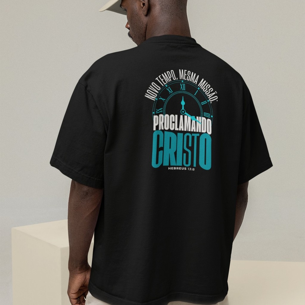 Camiseta Oversized Plus Size Cristã Católica Gola Alta Streetwear Algodão NOVO TEMPO MESMA MISSÃO 308