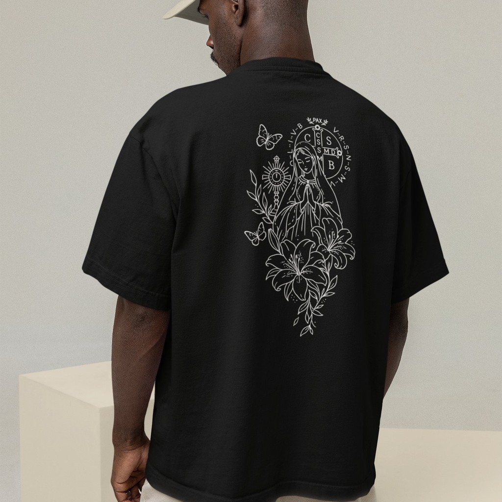 Camiseta Oversized Plus Size Cristã Católica Gola Alta Streetwear Algodão FLORAL 239
