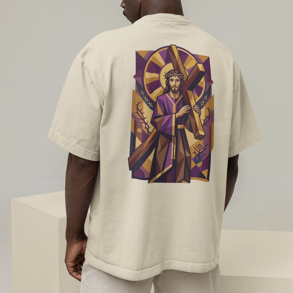 Camiseta Oversized Plus Size Cristã Católica Gola Alta Streetwear Algodão VITRAL JESUS