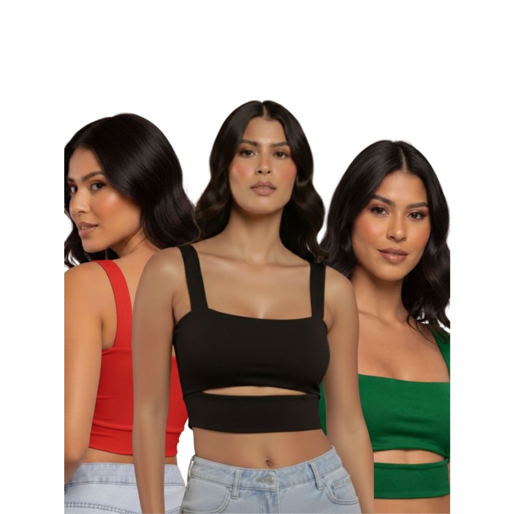 Top Cropped Faixa Feminino Justo com Recorte Tecido Suplex Estilo Gringa Look Street Fashion Trendy Básico Confortável