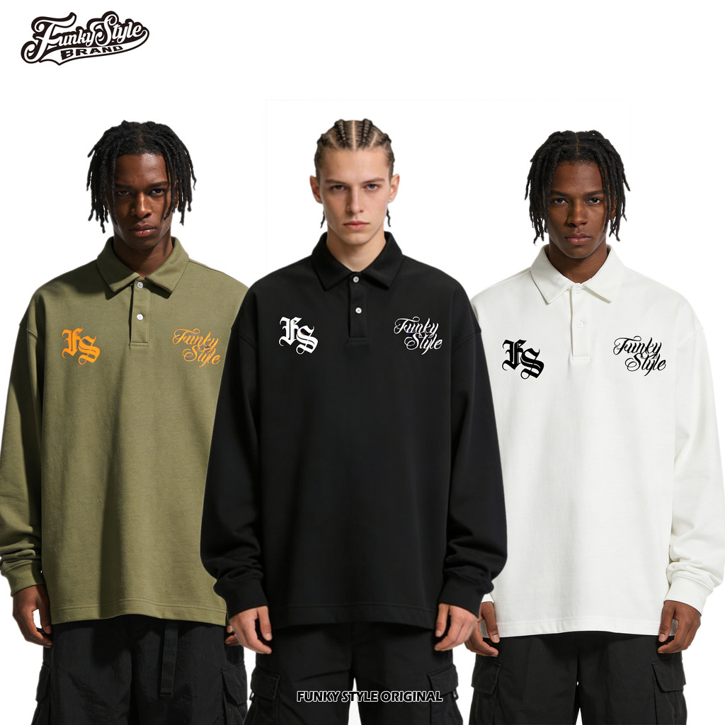 FunkyStyle American Retro bboy Trendy VIBE Street Style Solto Pesado Algodão Lapela Manga Longa Camiseta POLO