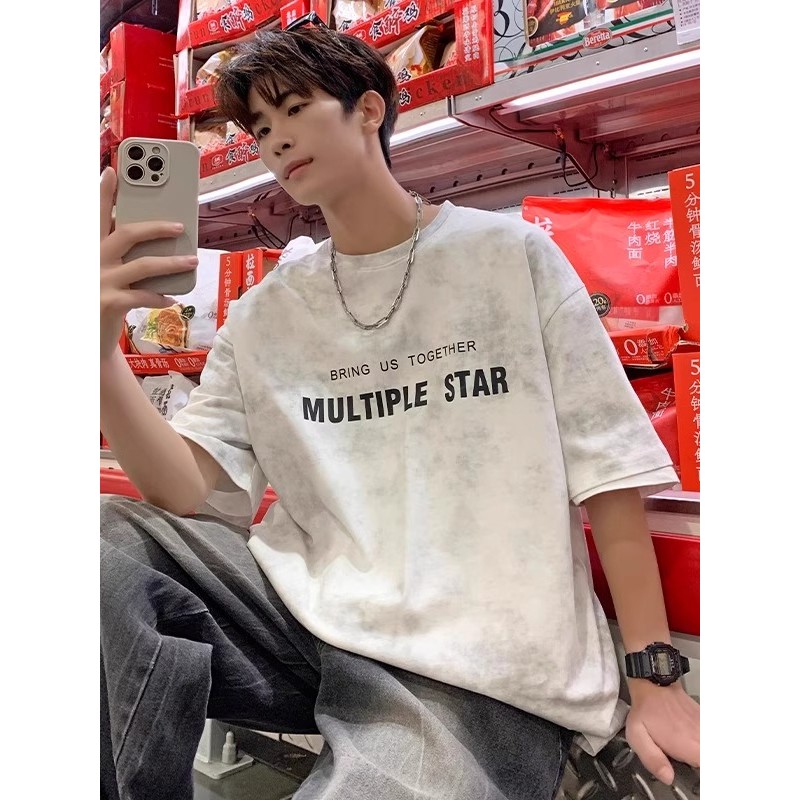 American Street Wear Tie-Dye Design Pesado Camiseta de Manga Curta Masculina Verão Solto All-Match ins Trendy Ruffian Bo