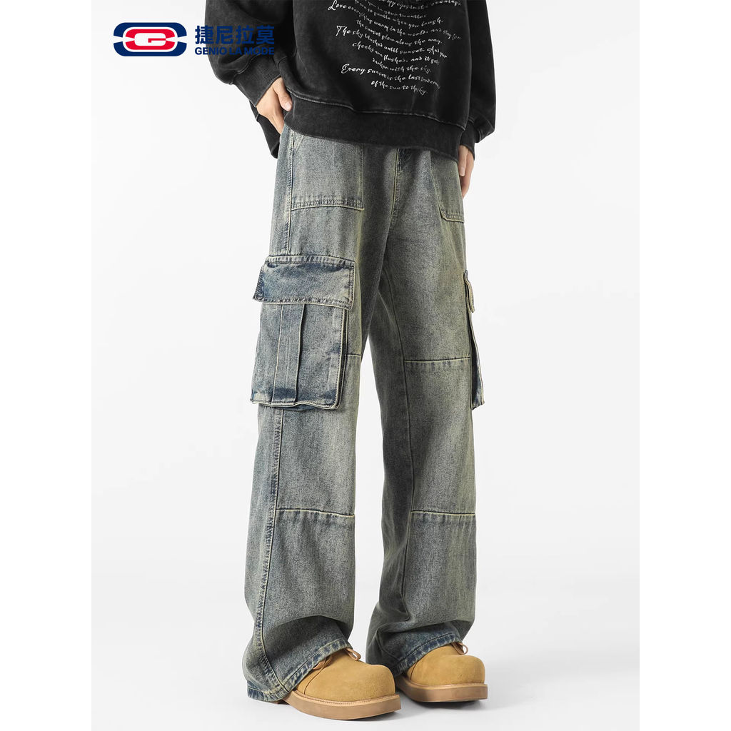 GENIOLAMODE American Retro Straight Jeans Masculino Outono Novo Estilo Angustiado High Street Trendy Macacão