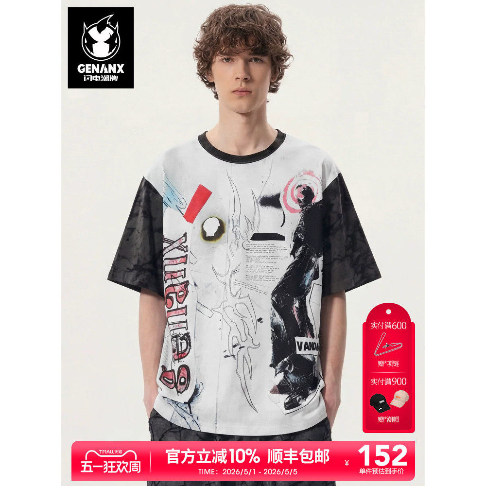 GENANX Lightning Street Wear Cyberpunk Style Graffiti 2026 Verão Novo Estilo Camiseta Trendy Impresso Top de Manga Curta