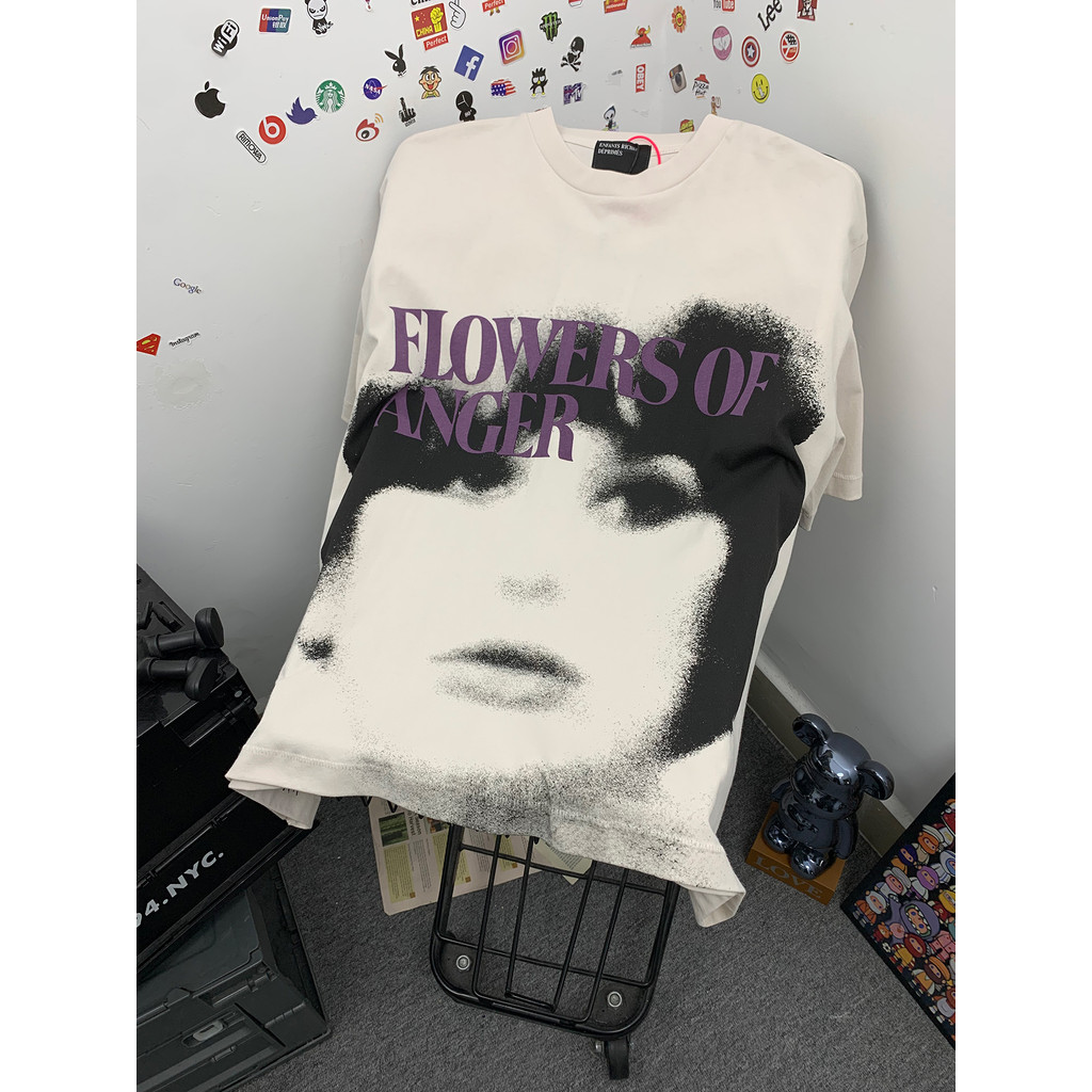 American High Street Style ERD Melancoly Fu Segunda Geração Angry Flower Personagem vtg Impresso Trendy Solto Camiseta d