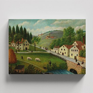 Quadro Canvas Pastoral Landscape with Stream, Fisherman and Walkers Borda Infinita 60x90cm