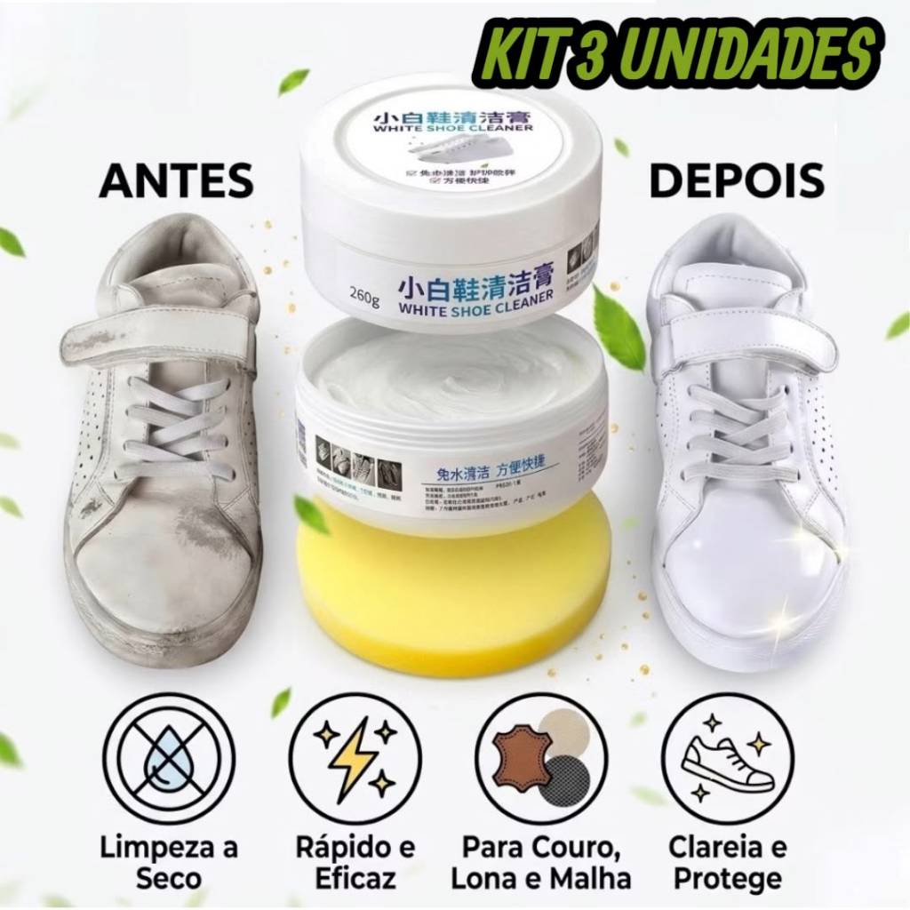 Kit Limpa Tênis A Seco 3 Unidades Pasta Para Limpar Sapato Branco Cadarço Solado Box Com Esponjas Grátis