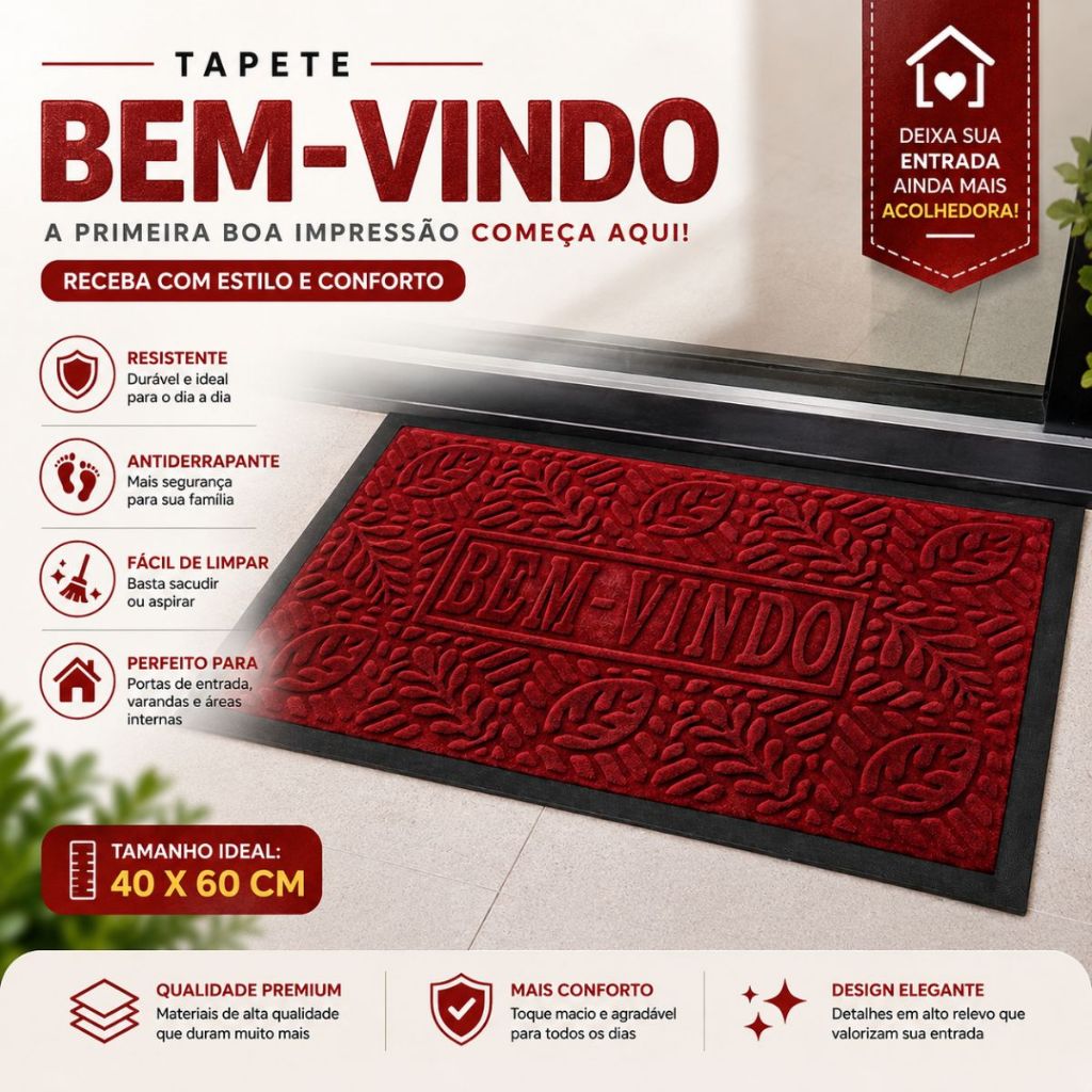 Tapete Entrada Casa Bem-Vindo Poliéster 40x60 Antiderrapante