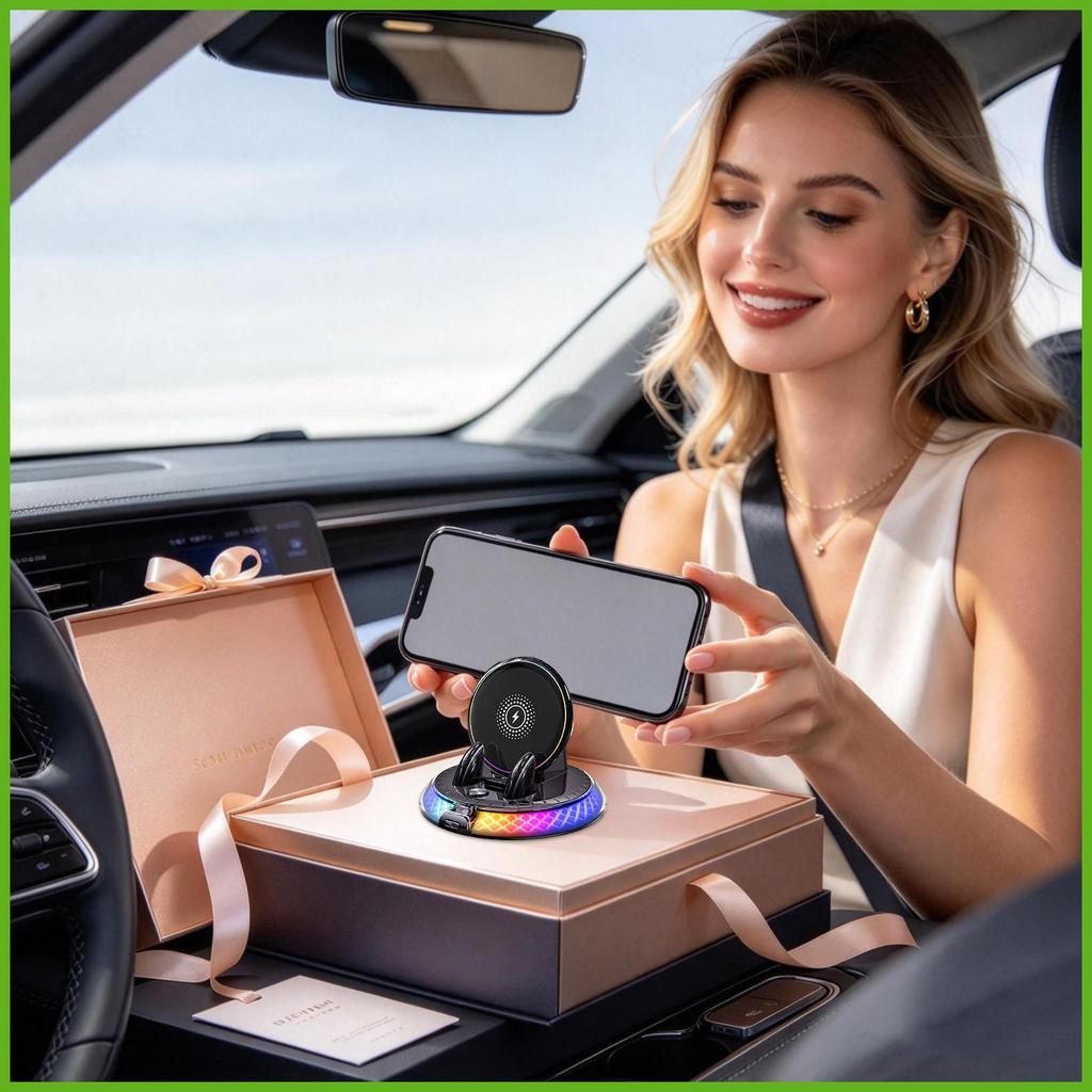 Carregador Sem Fio Para Carro , Suporte Giratório De 360 Graus Com Luz Rgb , Carregamento , Montagem De Telefone Painel