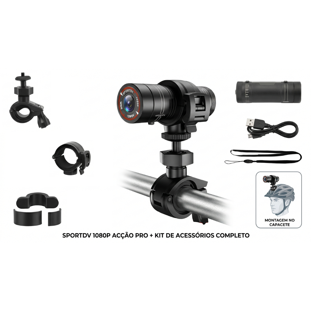 Câmera Esportiva para Moto e Bike Full HD 1080p Mini Filmadora com Acessórios Guidão e Capacete