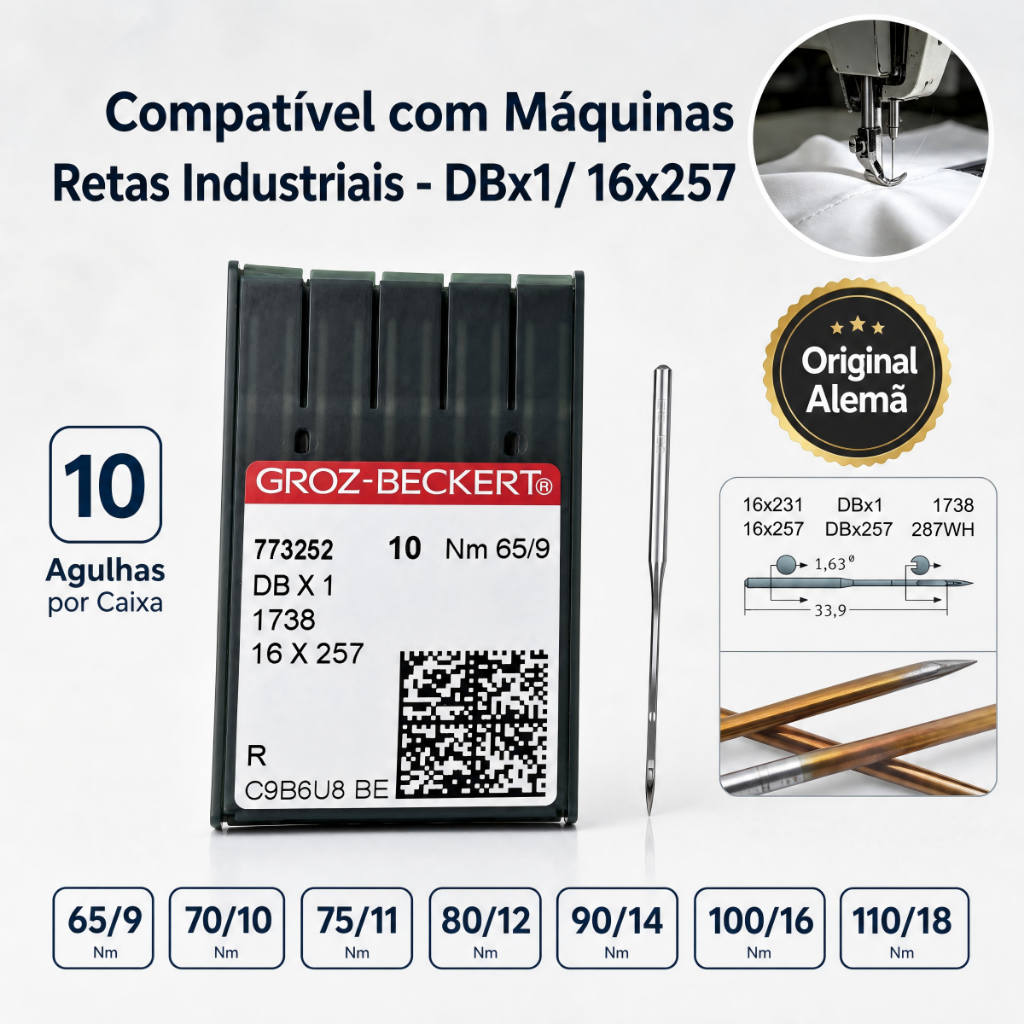 10 Agulhas Groz-Beckert DBX1 GEBEDUR Titânio Máquina de Costura Industrial Reta DB*1 16x257 Resistente ao Calor p/ JUKI