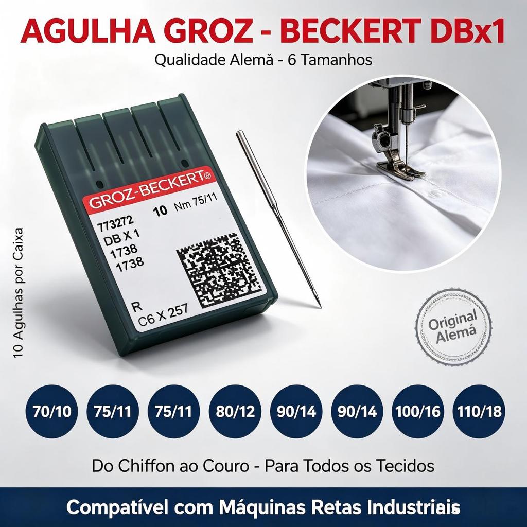 Agulhas DBX1 GEBEDUR Titânio 10un Groz-Beckert Máquina Reta Industrial DB*1 16x257 Tamanhos 65/9 a 110/18 p/ JUKI BROT