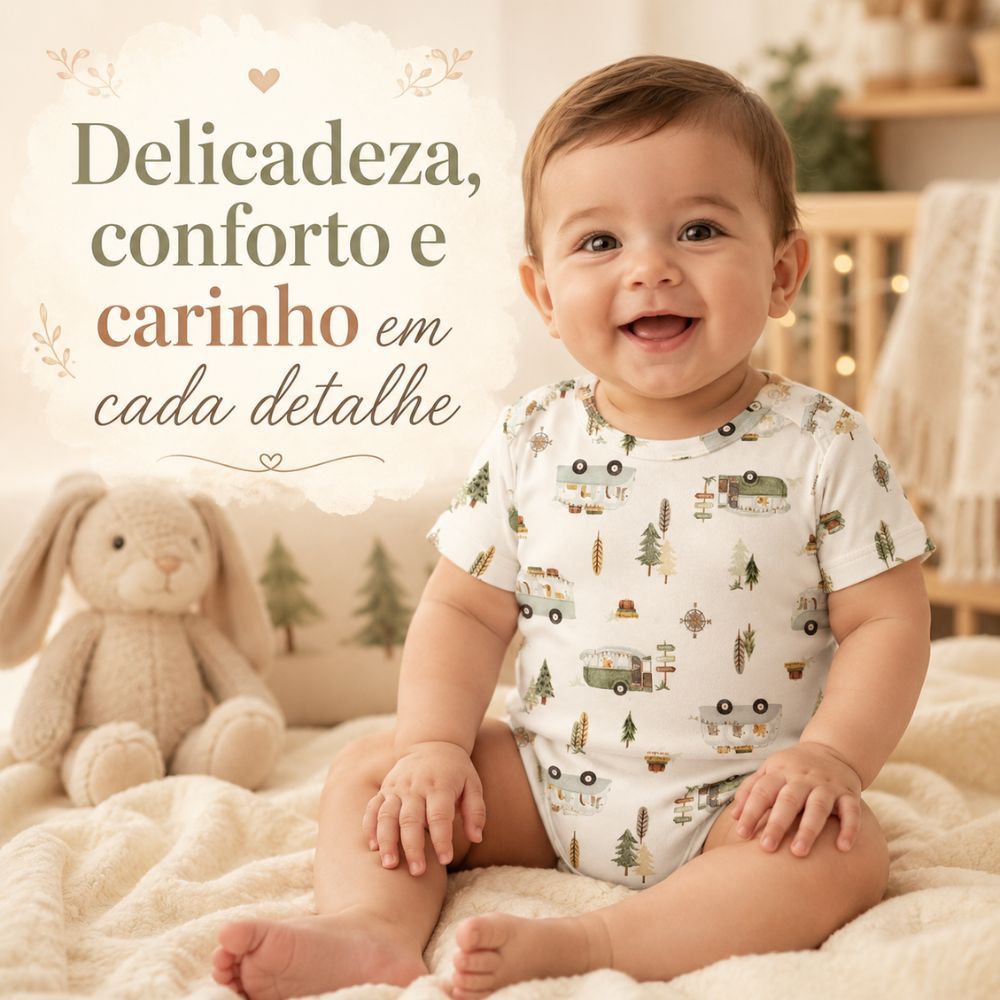Body Manga Curta Infantil em Suedine Traveling com Estampa Confortável para Bebê