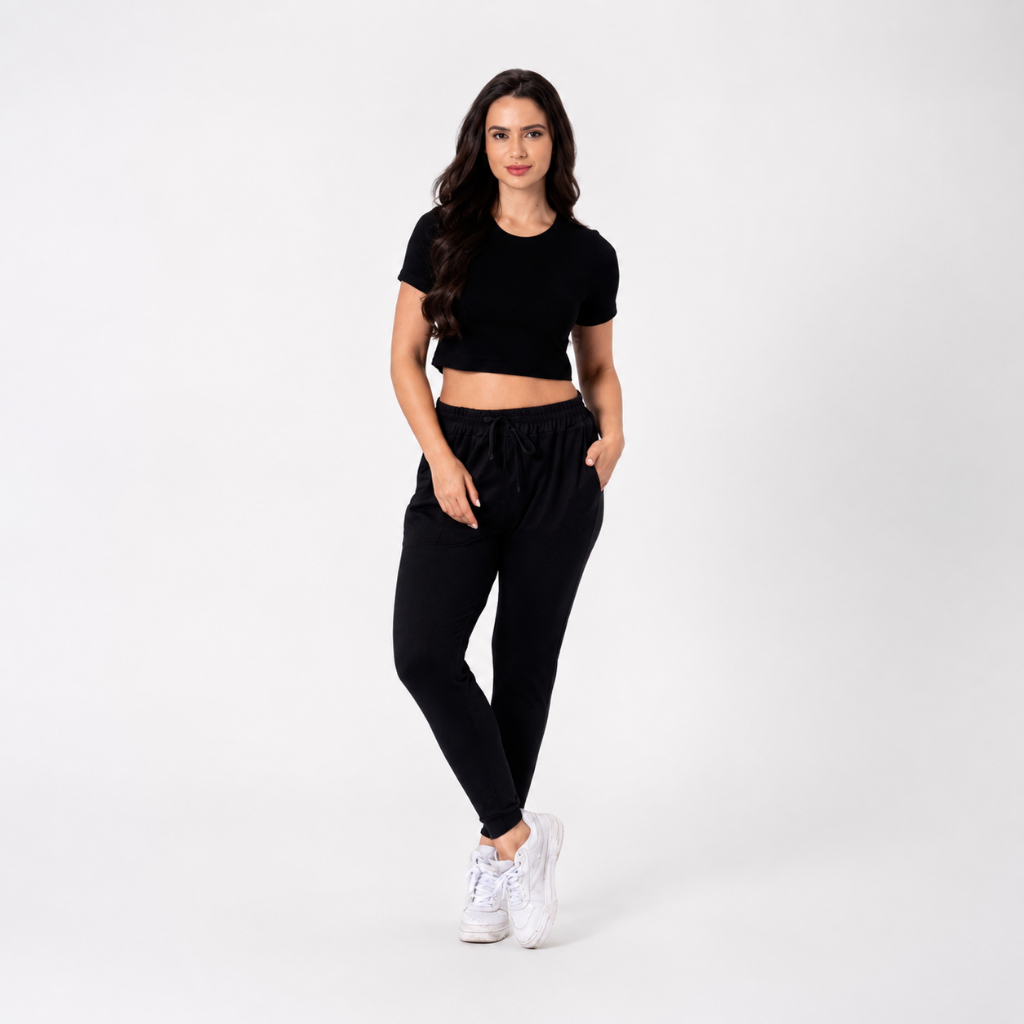 Calça Jogger Feminina Cintura Alta Suede com Elastano Confortável Moda Blogueira Casual Dia a Dia