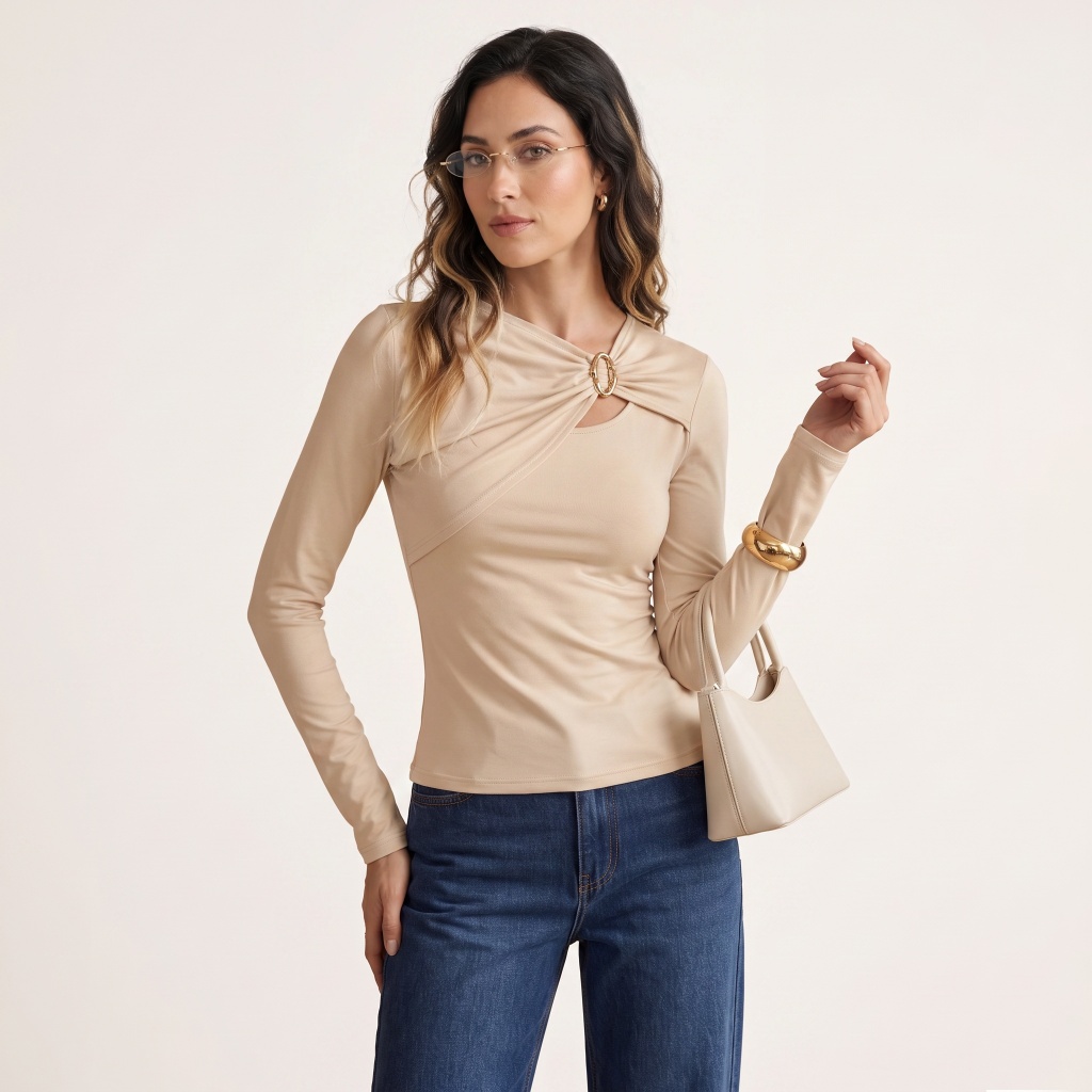 Blusa Feminina Manga Longa Malha Suede Com Detalhe Metálico Elegante Casual