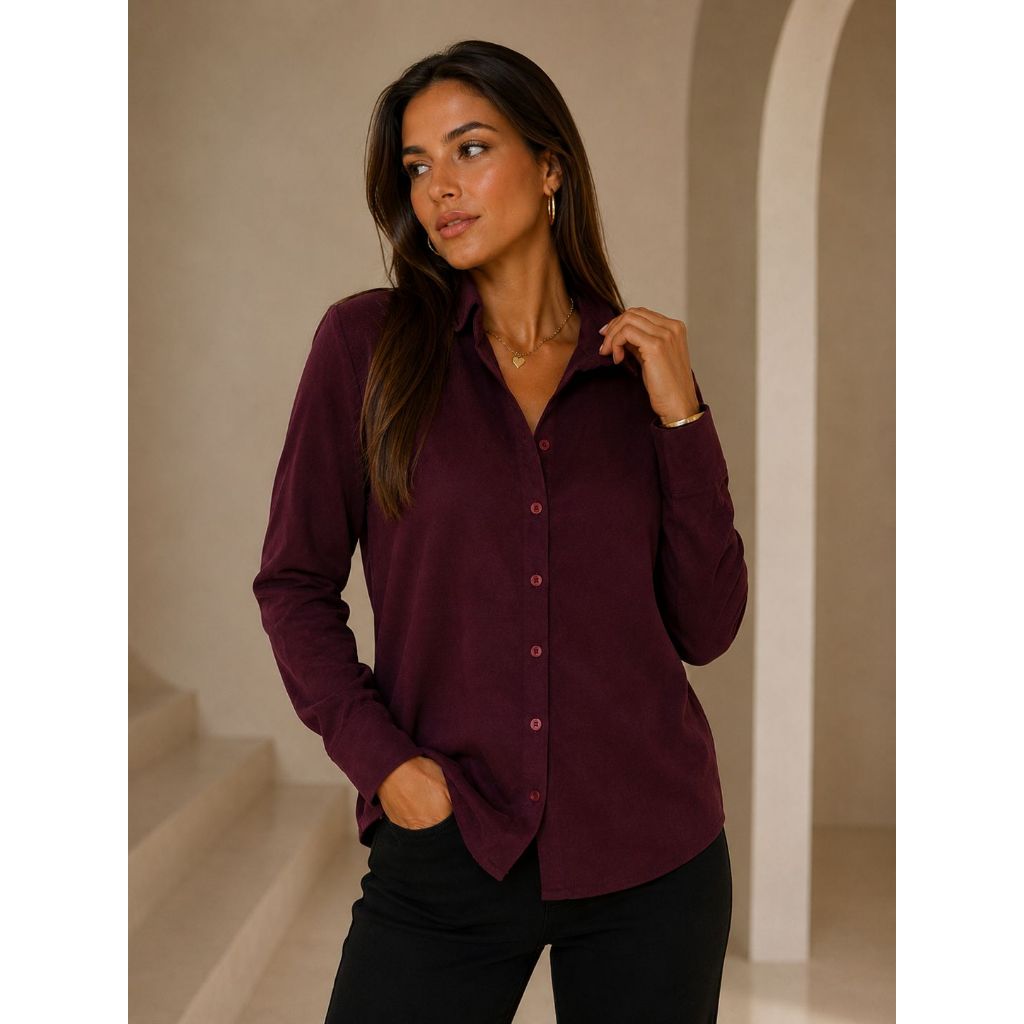 Camisa Feminina Suede Bordô Manga Longa com Botões Elegante Sofisticada Casual