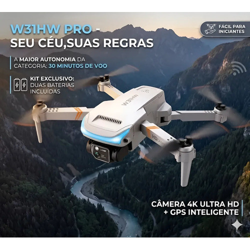 Drone para Iniciantes com Câmera HD 4K Wi-Fi e 2 Baterias Premium Wifi Cinza Off White