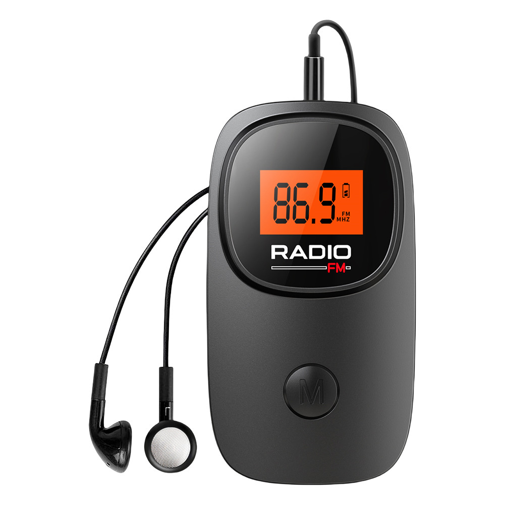 Rádio de bolso digital com clipe de fixação; funciona à bateria e inclui fone de ouvido, ideal para trilhas e caminhadas