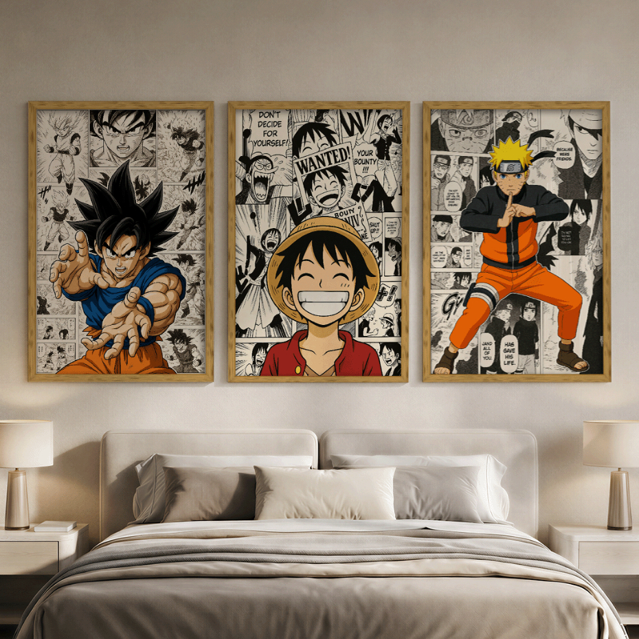 Kit 3 Peças Quadros Decorativos Animes – Naruto, One Piece e Dragon Ball