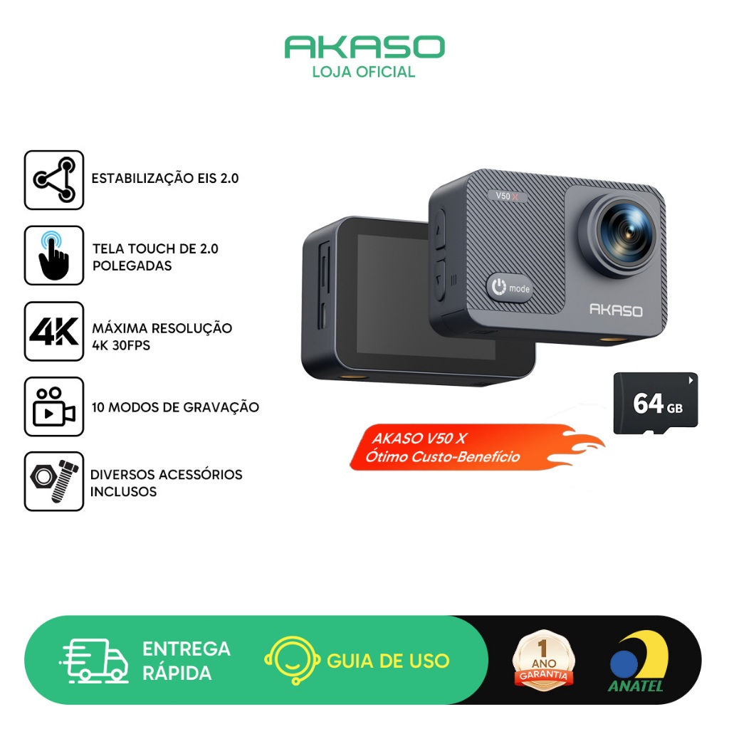 Câmera de Ação AKASO V50X 4K30fps, Tela Tátil, EIS, Zoom 4X,  Wi-Fi, Suporte a Microfone Externo, Com Cartão 64GB