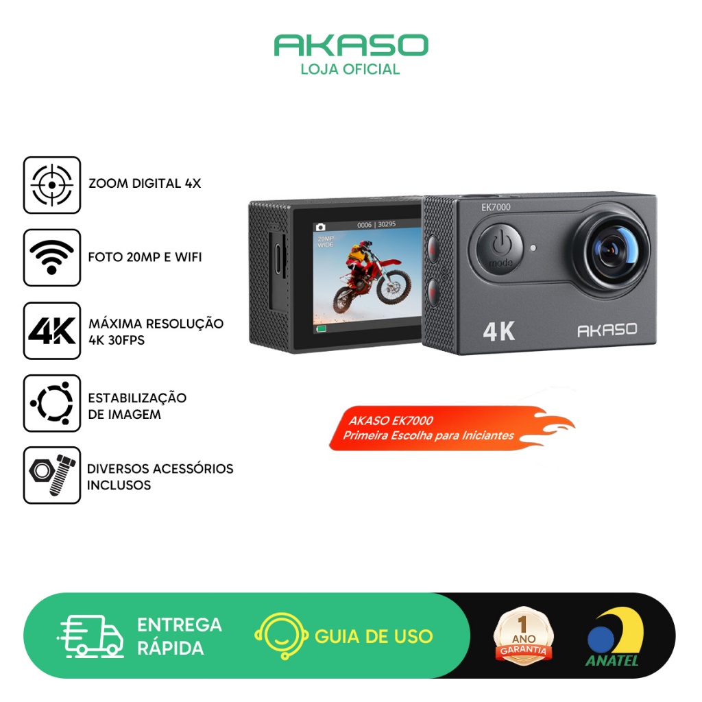 Câmera Ação AKASO EK7000 4K30FPS 20MP WiFi EIS Ultra HD Controle Remoto 4X Zoom