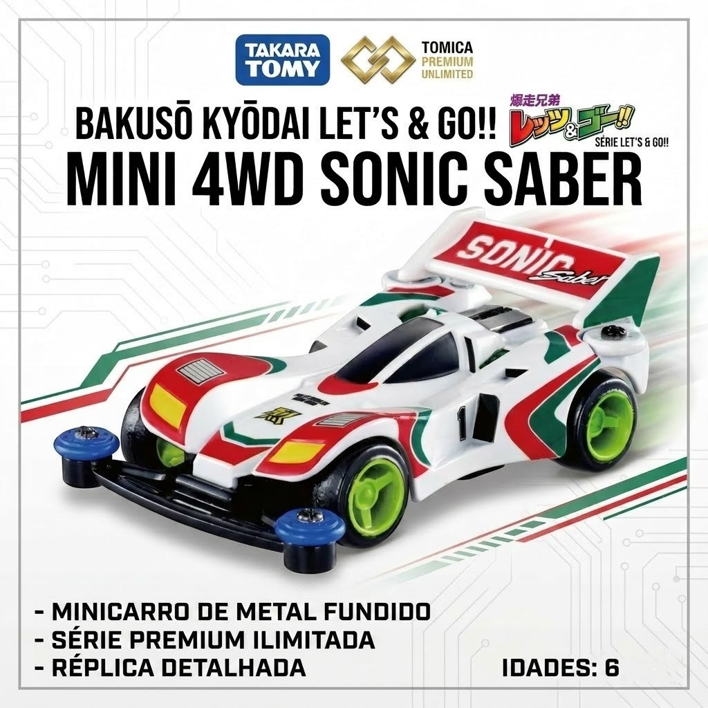 [Direto do Japão] Carrinho Tomica Premium Unlimited Let's & Go!! Mini 4WD Sonic Saber - Takara Tomy Original 100%