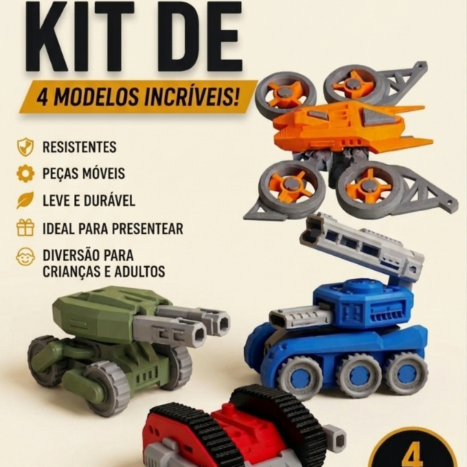 Kit 4 Brinquedos Articulados / Mini Veículos de Guerra / Carrinhos de brinquedos