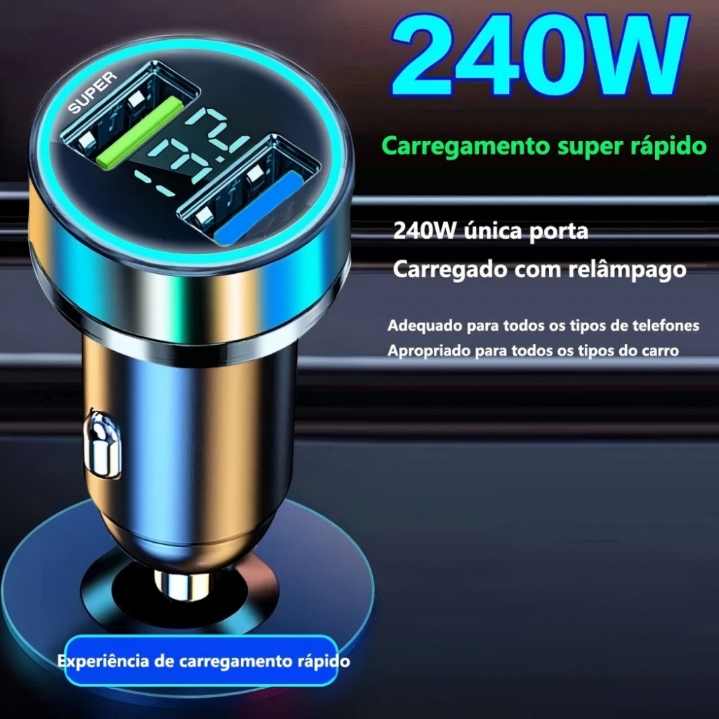 Carregador para automóvel 240W USB-C PD Rápido para iPhone ，Huawei, Xiaomi, Samsung, iPad, Laptop