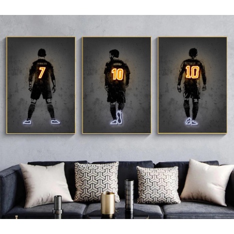 Quadro decorativo 3 peças 40x60 moda moderna abstrata neon futebol Neymar Ronaldo Messi meninos meninas decoração para casa sala quarto hall interiores corredor