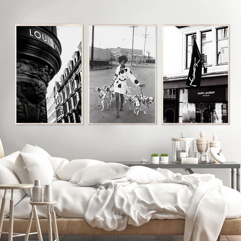 Quadro decorativo 3 peças 40x60 Moda paris marca modelo com cão preto branco nórdico moderno decoração para casa sala de estar quarto hall interiores corredores