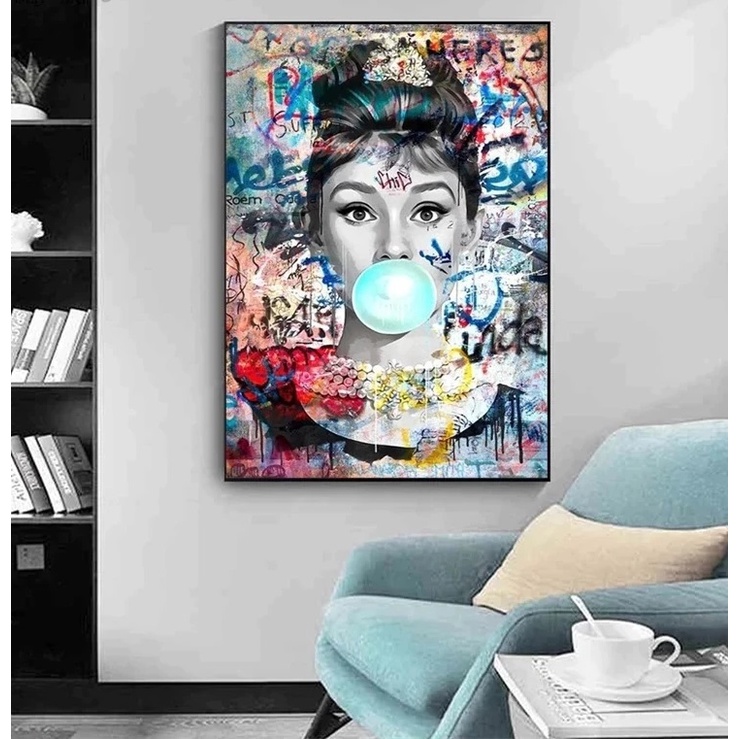Quadro decorativo 1 peça 40x60 arte de rua moderna moda famosa mulheres chiclete blowing, bubbles, monroe monroe decoração para casa sala quarto hall interiores e corredores