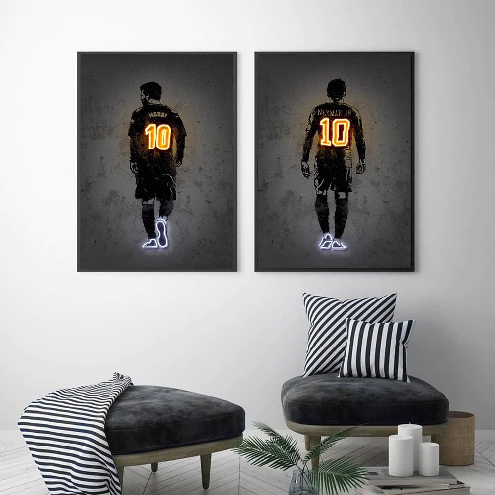 Quadro decorativo 2 peças 40x60 moda moderna abstrata neon futebol Neymar Ronaldo Messi  meninos meninas decoração para casa sala quarto hall interiores corredor