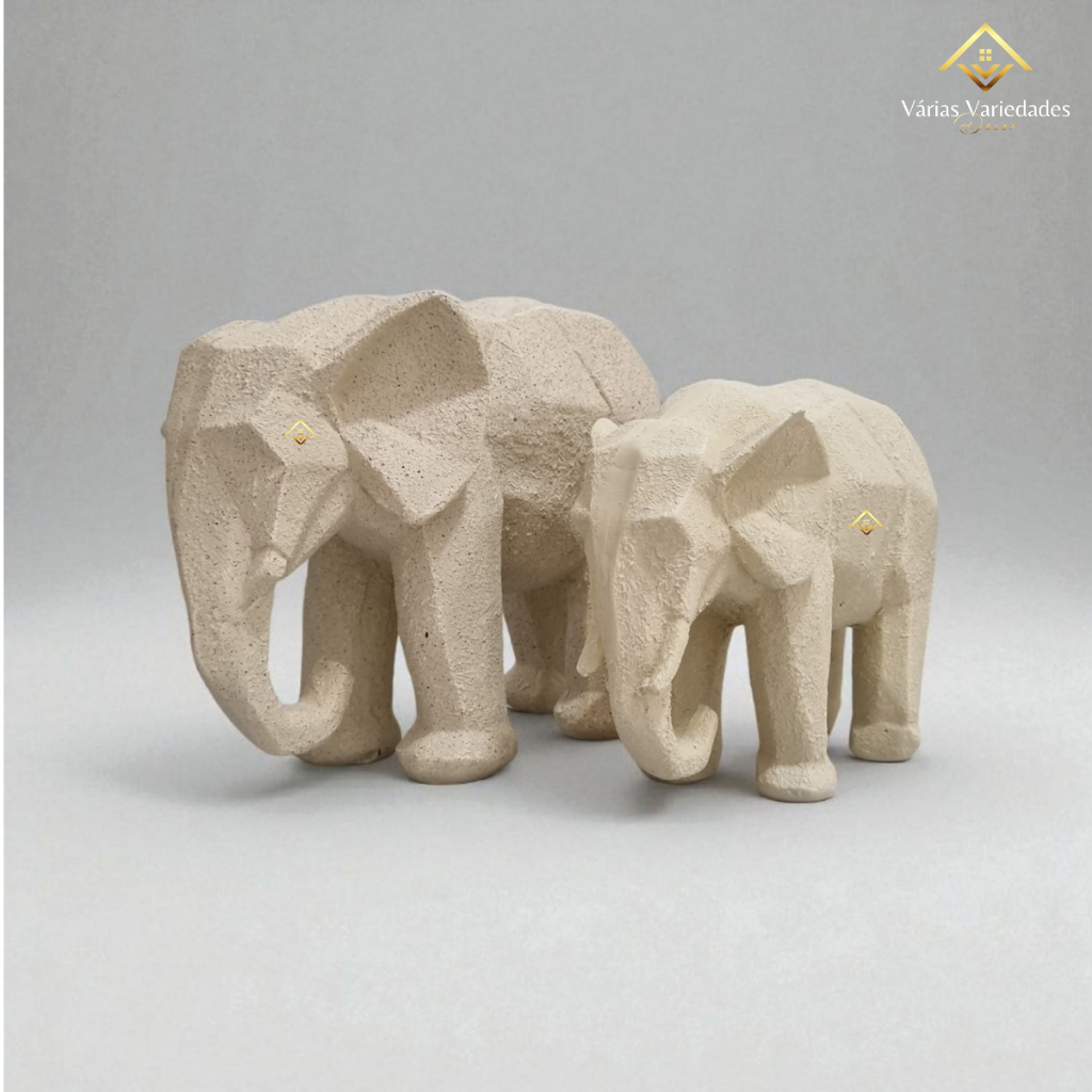 Kit 2 Esculturas Elefante Geométrico Branco 18 Cm e 24 Cm Estilo Moderno em Gesso Nude para Decoração de Interiores