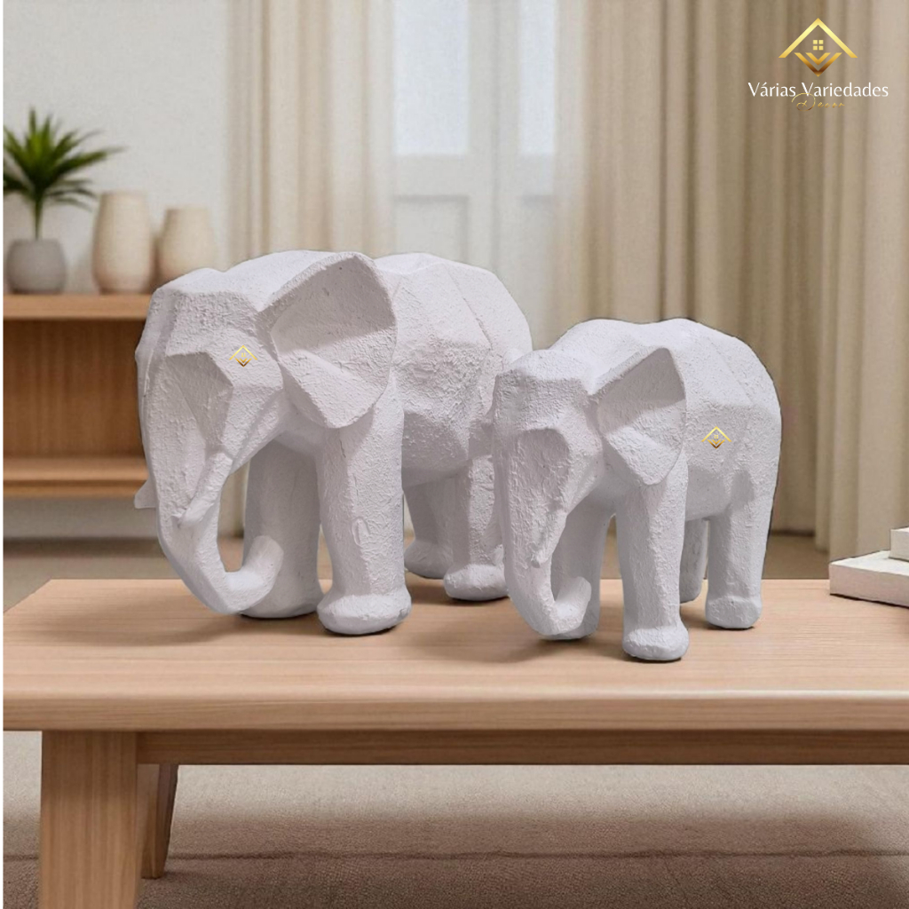 Kit 2 Esculturas Elefante Geométrico Branco 18 Cm e 24 Cm Estilo Moderno em Gesso Pintado para Decoração de Interiores