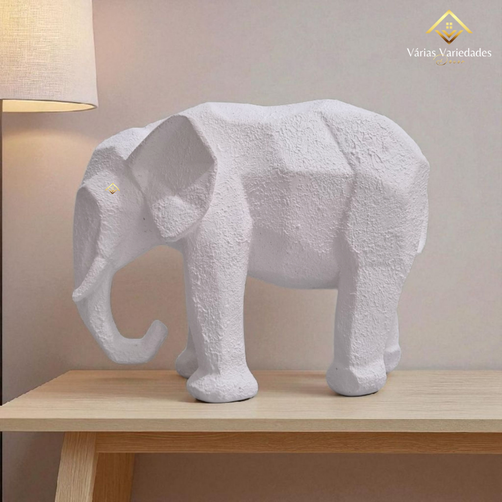 Escultura Elefante Geométrico Branco 18 Cm Estilo Moderno em Gesso Pintado para Decoração de Interiores