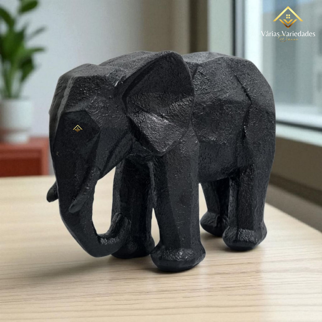 Escultura Elefante Geométrico Preto 24 Cm Estilo Moderno em Gesso Pintado para Decoração de Interiores