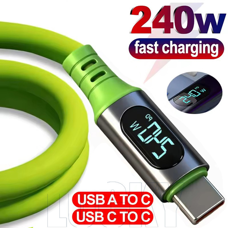 Cabo De Dados Com Display Digital Duplo Tipo C 240W 6A-Fio De Carregamento Rápido-Transferência De Alta Velocidade-USB A