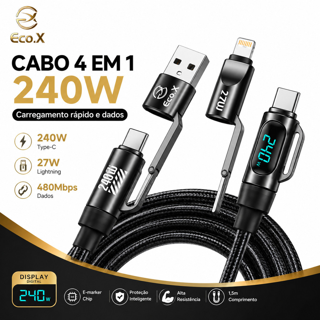 Cabo 4 em 1 240W PD Display Digital Type-C Lightning USB-A 1,5m E-Marker