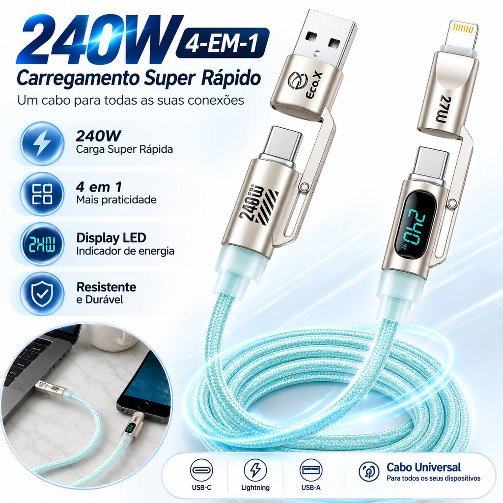 Cabo 4 em 1 240W 1,5m USB-A Type-C para Type-C Lightning com Display Digital Carregamento Rápido