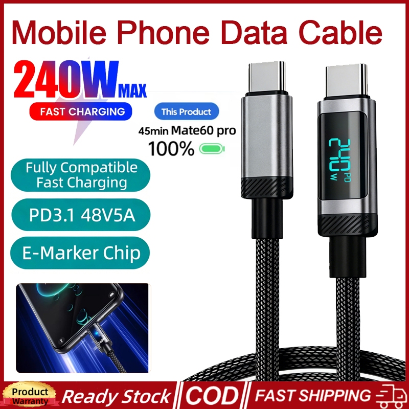 240W USB/Tipo-C Para Cabo De Dados Do Telefone Móvel Com Display Digital 5A Carregador De Carregamento Rápido Adequado M