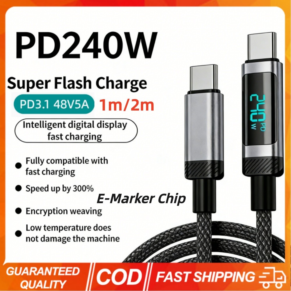 2 Pçs 240W PD3.1 48V5A Cabo De Carregamento Rápido USB C Para Tipo Display Digital 1M/2M Fio De Dados Mobeil Telefone Ma