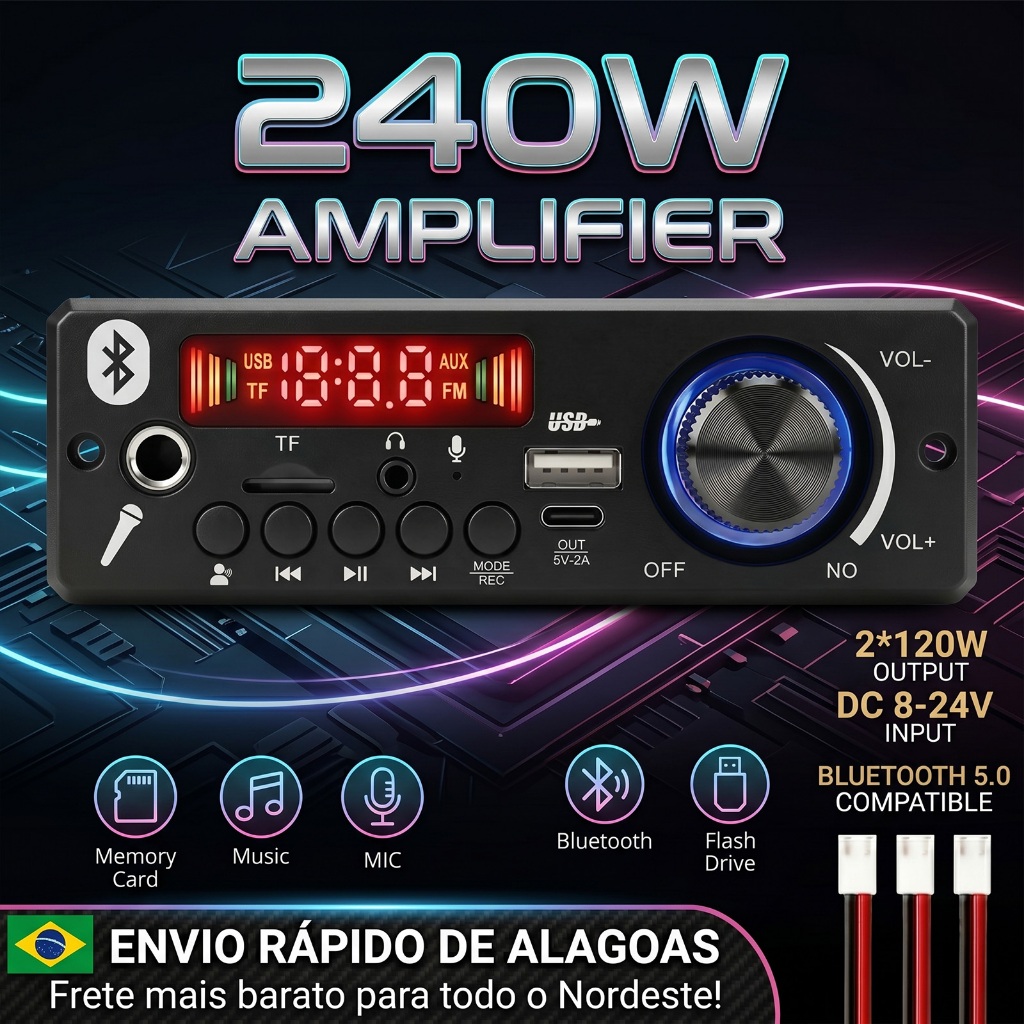 Módulo Amplificador de Áudio Digital 240W Potente 2x120W Bluetooth
