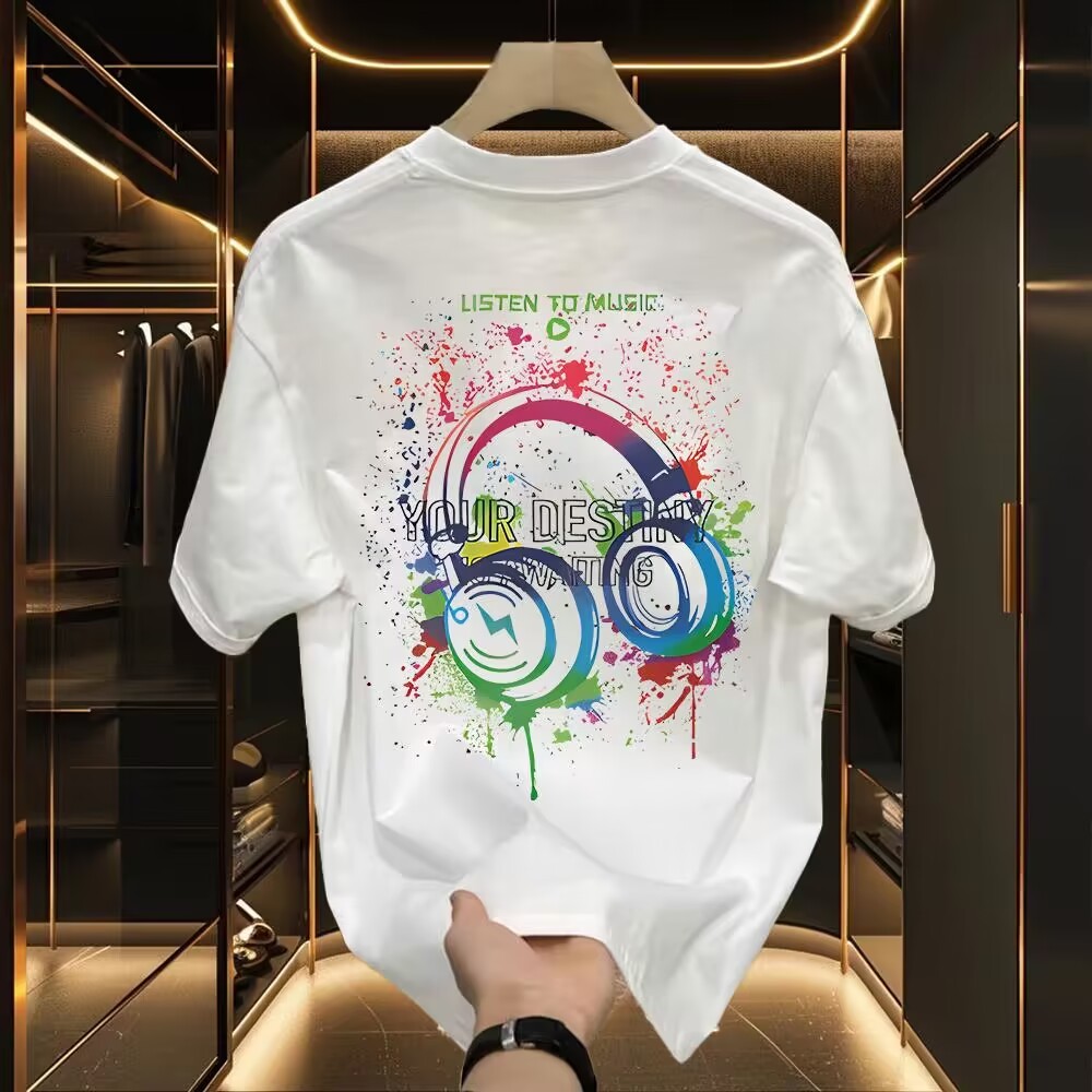 Camiseta Oversized Branca Headphone Colorido Listen To Music Your Destiny Estampa Splash Streetwear Unissex