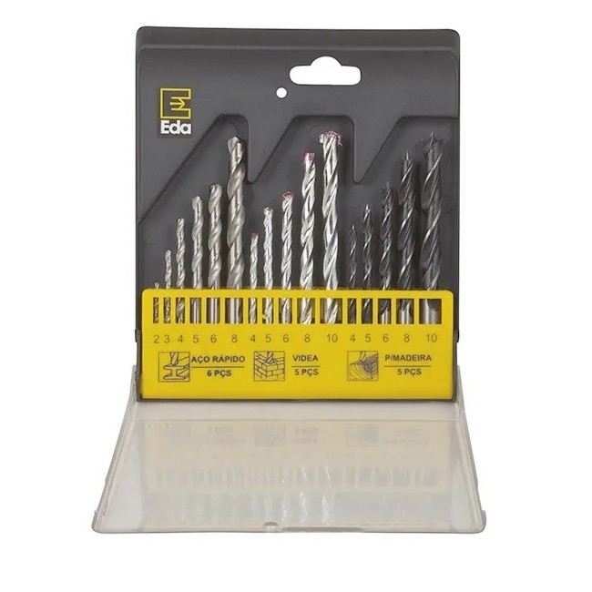 Jogo 16 Brocas para Furadeira Metal Madeira e Concreto Com Wídea EDA Professional