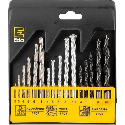 Jogo 16 Brocas para Furadeira Metal Madeira e Concreto Com Wídea EDA Professional